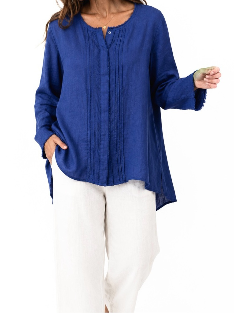 Eileen Fisher 100% Irish Linen Pintuck Tunic Blouse Blue Size Large